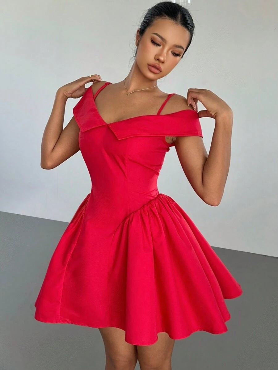 Aloruh 1 pieza Vestido mini elegante de mujer de unicolor con hombros descubiertos, tirantes de espagueti, cintura fruncida con volante para Navidad, Año Nuevo, Acción de Gracias, vacaciones, negocios y ocasiones formales, elegante, rojo, lindo, sexy