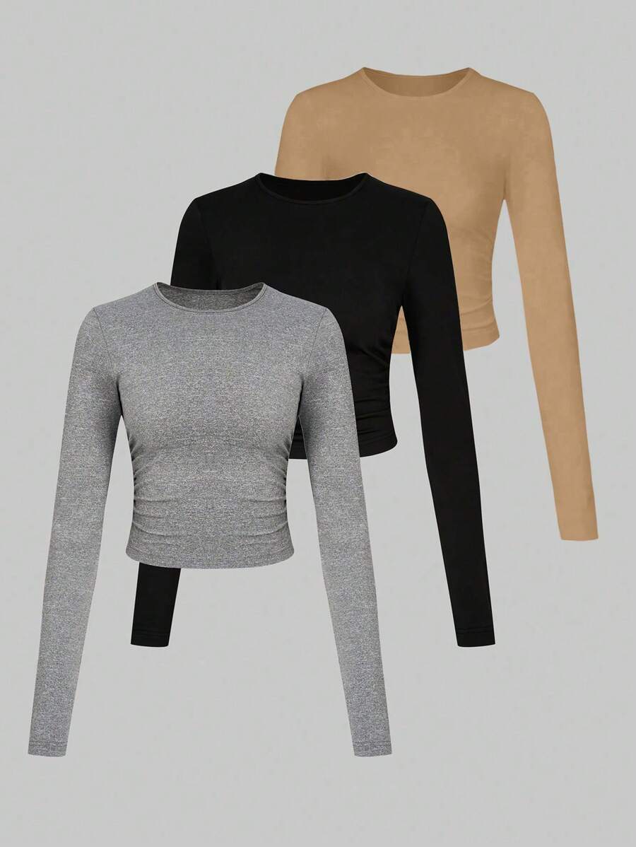 Chiquease 3pcs/Set Women Solid Color Round Neck Long Sleeve Casual T-Shirts, Autumn