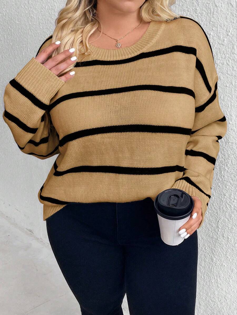 SHEIN CURVE+ Pull col rond taille forte femme, mode décontractée, style simplifié avec rayures bicolores, pour l'automne/hiver
