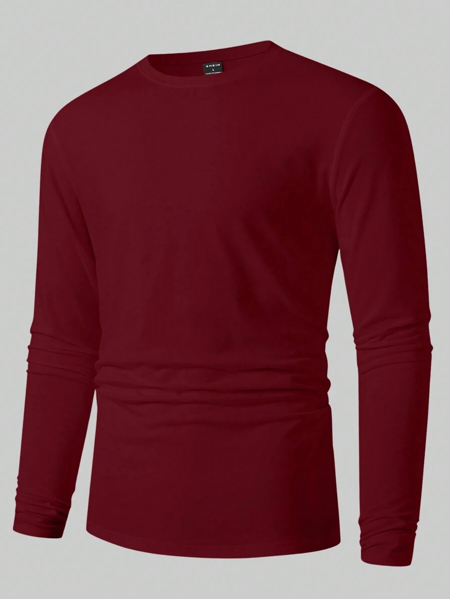 Manfinity Homme Men's Solid Color Round Neck Long Sleeve Casual T-Shirt, Autumn