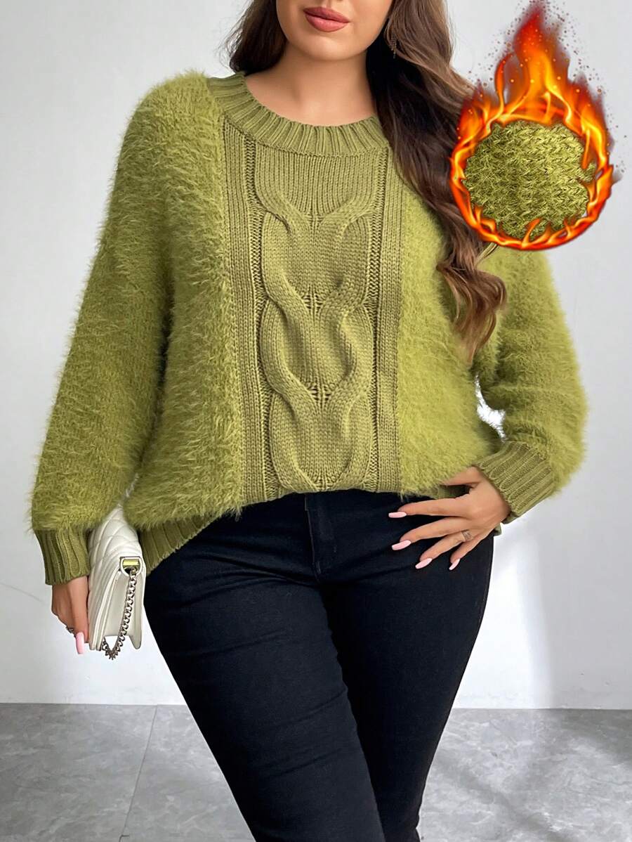 SHEIN Privé Plus Size Loose Fit Cable Knit Splice Fluffy Collar Warm Pullover Sweater For Autumn/Winter