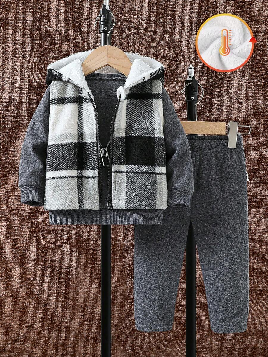 SHEIN Baby Boy Plaid Printed Hooded Thermal Lined Jacket Vest And Sweatpants & Sweatshirt Set