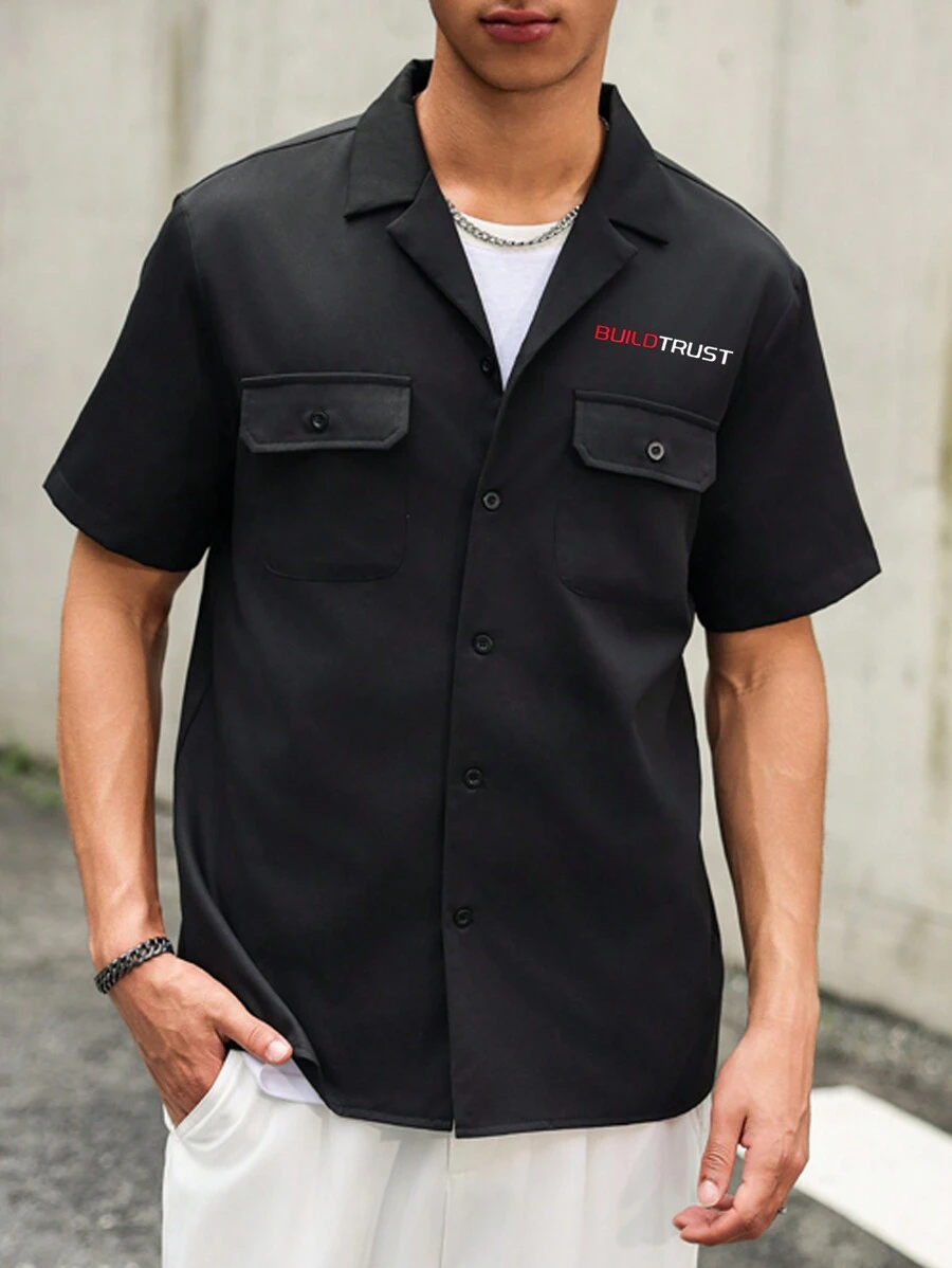 Manfinity Hypemode Men Summer Casual Letter Print Workwear Short-Sleeved Shirt
