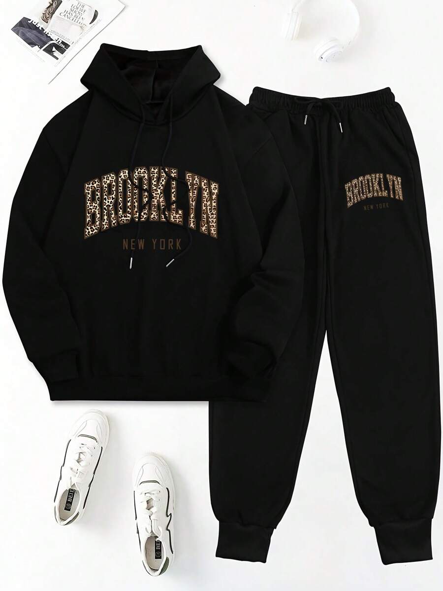 INAWLY Women 2pcs Set Leopard Print Letter Graphic Drawstring Hoodie Sweatshirt & Sweatpants, Casual Outfit For Autumn