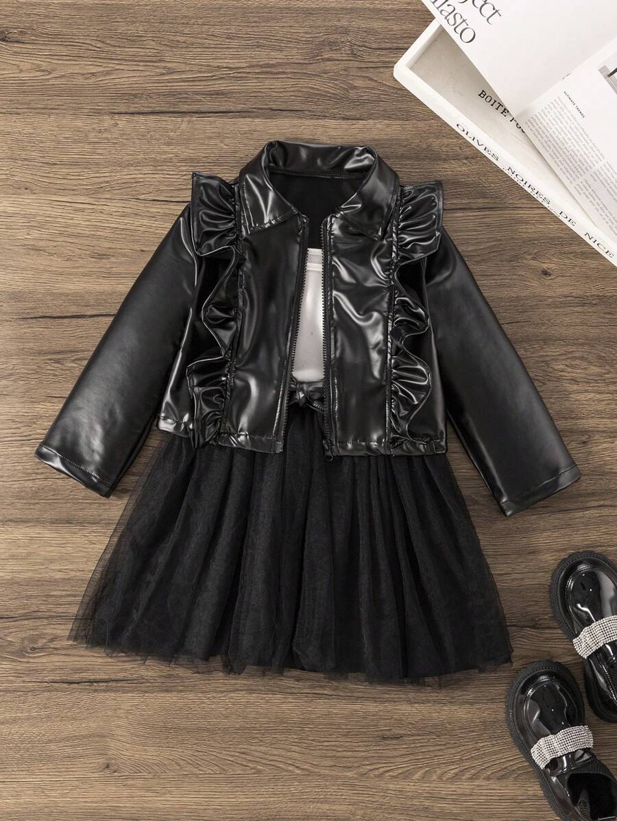 SHEIN Young Girl Solid Color Zipper Ruffle Trim Long Sleeve Jacket And Contrast Color Camisole Dress 2pcs/Set