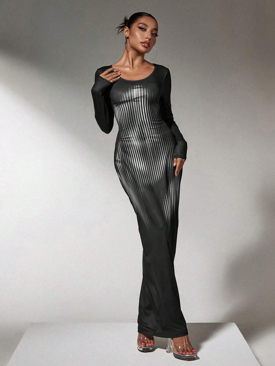 SHEIN SXY Wide Crew Neck Long Sleeve Form Fitting Holiday Glossy Banquet Dinner Elegant Gorgeous Women Long Dress