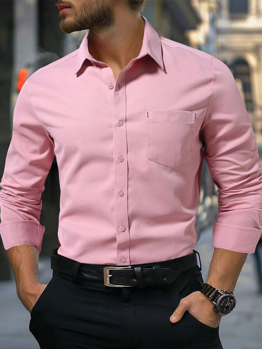 Manfinity Mode Casual Long Sleeve Button-Front Collared Shirt With Pockets, Solid Color (Not Positioned), Mens Pink Dress Shirt