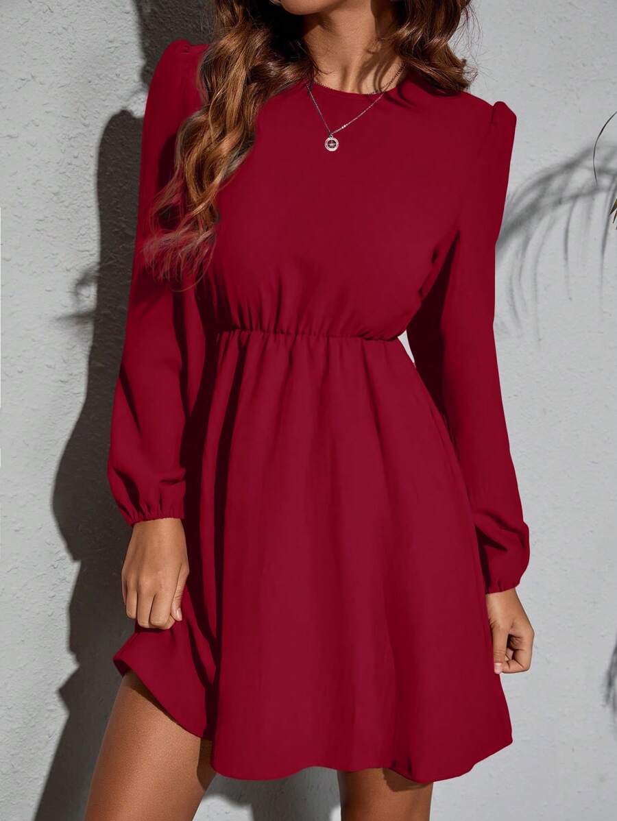 SHEIN Clasi Solid Color Waisted Long Sleeve Casual Dress, Suitable For Music Festival Burgundy Color Women Outfit