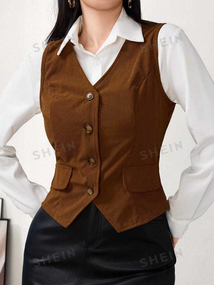 Modelyn Chaleco de traje casual de unicolor con cierre de botones delantero para cintura, para otoño, para mujer