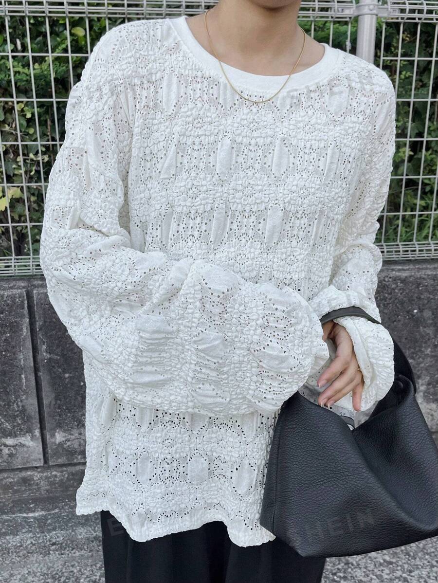 FRIFUL Camiseta de mujer casual sólida con textura y calado para otoño