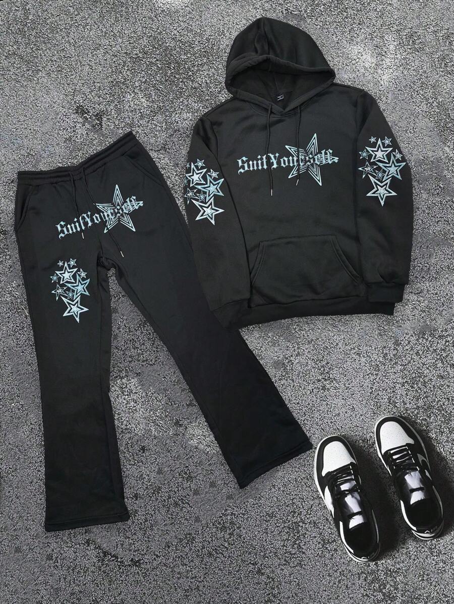 Manfinity Hypemode 2pcs Men's Casual Set, Featuring Star Print Long Sleeve Hoodie And Long Pants