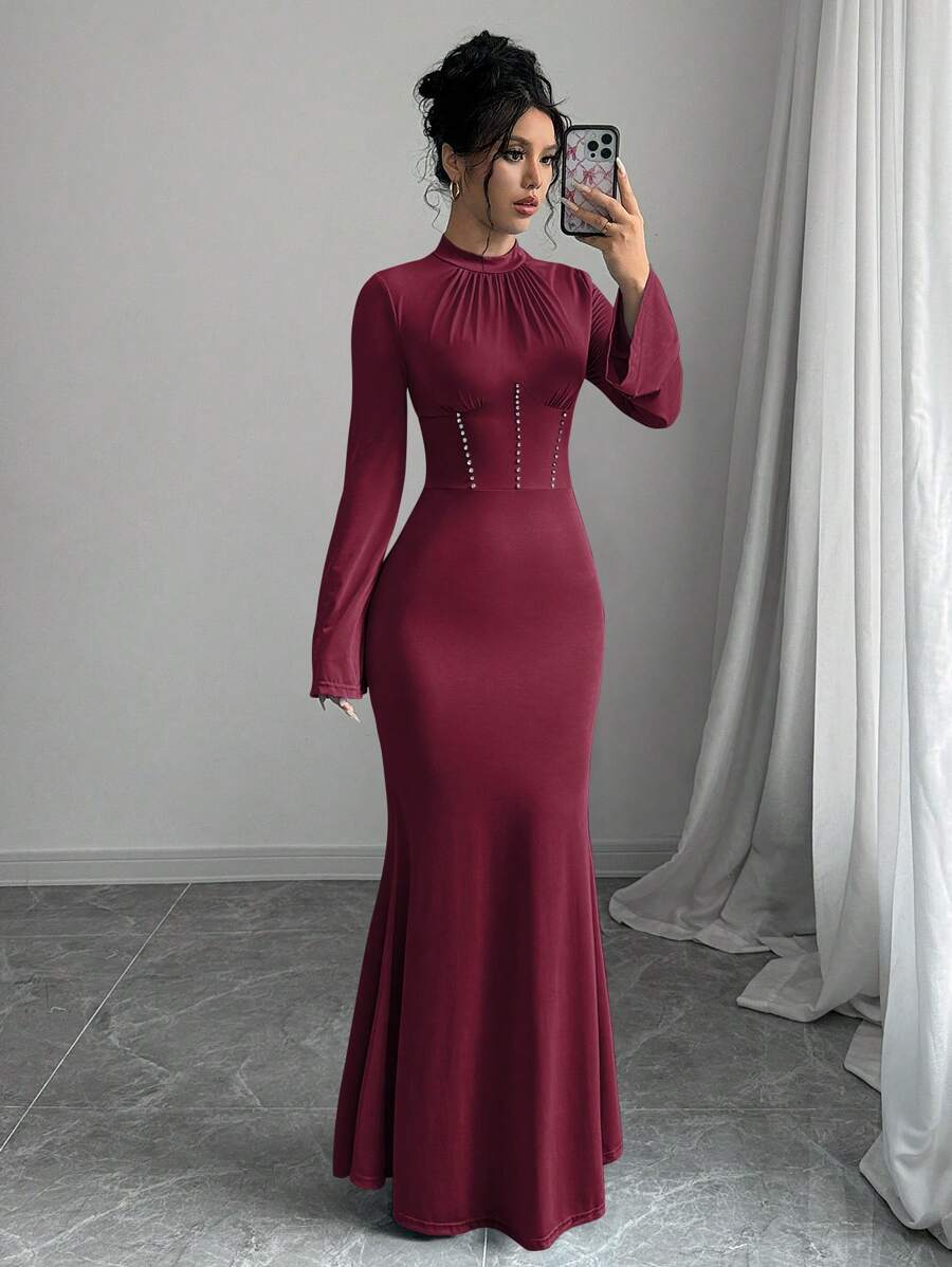 Elenzga 1pc Women's Elegant Solid Color Stand Collar Long Sleeve Ruched Fishtail Hem Bodycon Dress Burgundy Maxi Women Outfit