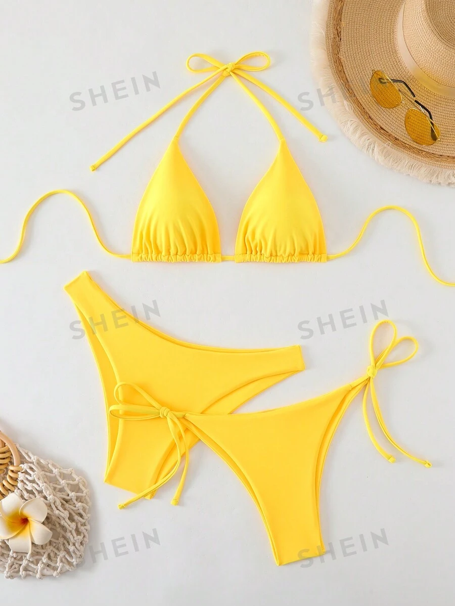 Swim Mod Set de 3 piezas de bikini para mujer de verano, de unicolor, con top halter sin espalda y nudo, conjunto con shorts triangulares
