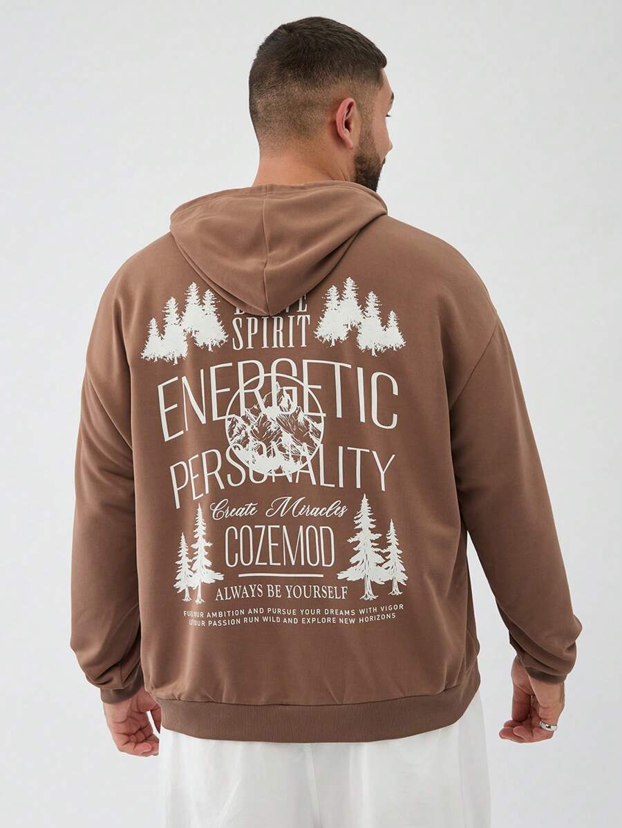 Manfinity NXTstreet Suéter de Malha com Capuz Casual de Plus Size Masculino com Impressão Solta de Letra e Árvore