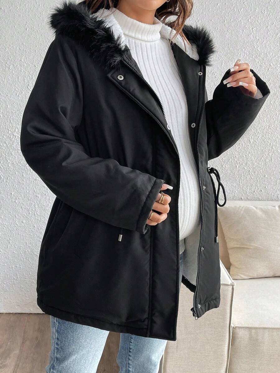SHEIN Maternity Casual Solid Color Drawstring Waist Fleece Long Sleeve Hoodie Jacket, Hoodie Jacket, Autumn/Winter
