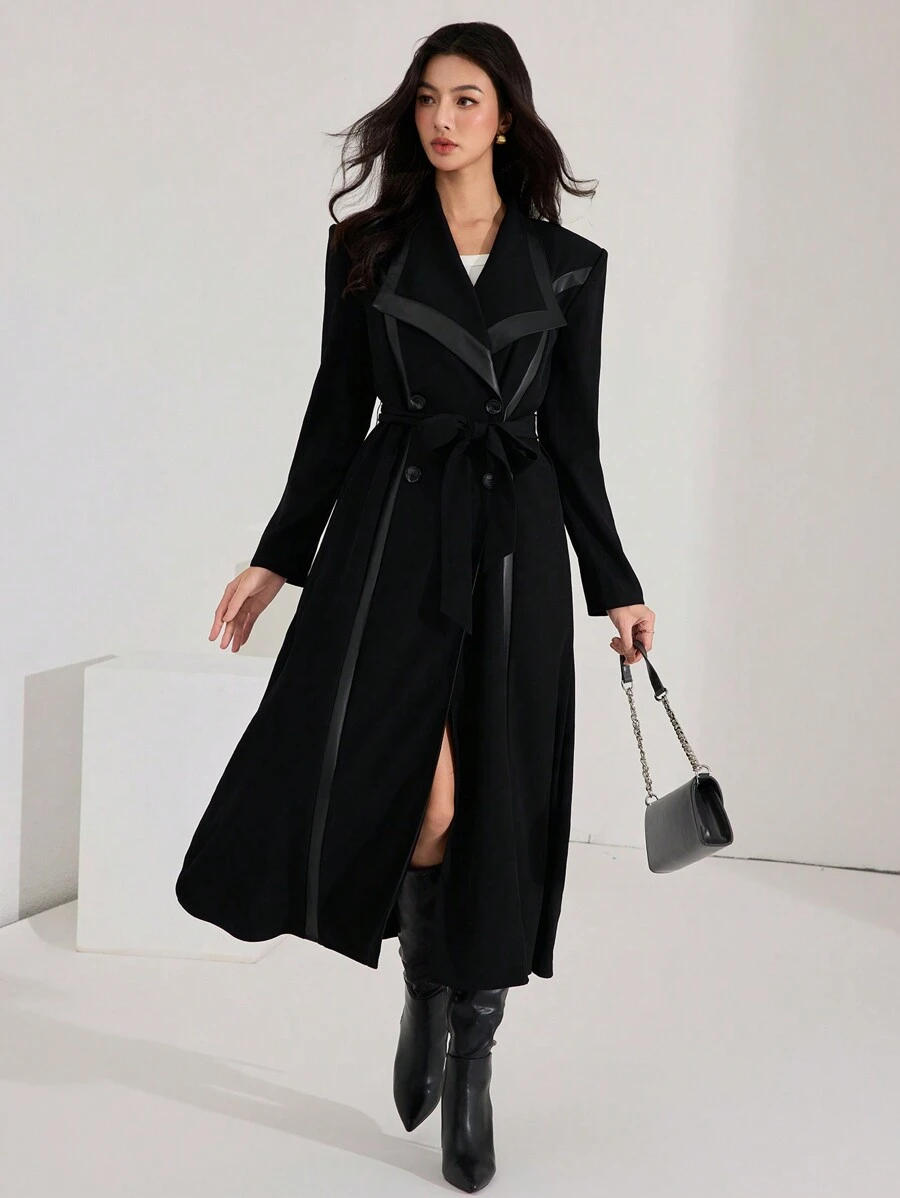 Heiryn 1 pieza Chaqueta larga elegante de doble botonadura de manga larga con cuello para mujer, para otoño