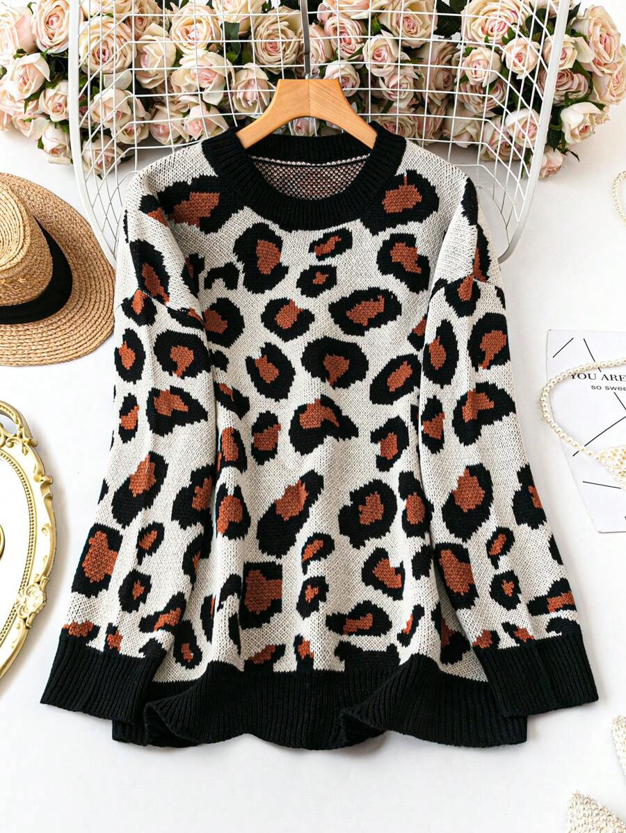 SHEIN LUNE Jersey de cuello redondo, manga larga, sencillo y casual de talla grande con parches lisos