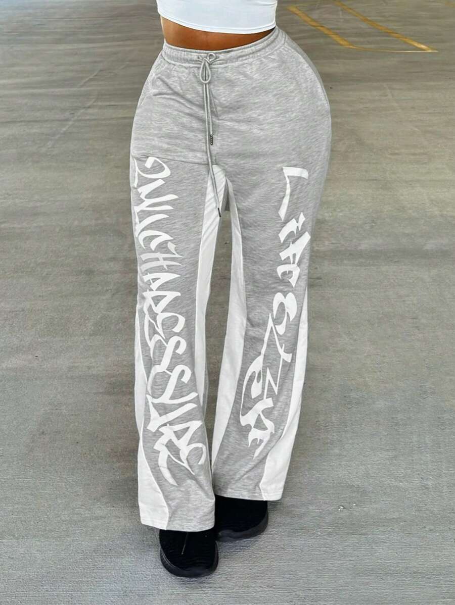 VaVaBold Casual Sporty Letter Print Contrast Trim Loose Wide Leg Women's Sweatpants, Suitable For Daily, Leisure, Sports And Street Fashion
