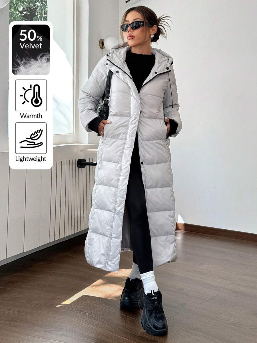 SHEIN EZwear Chaqueta casual de mujer con capucha de unicolor, rellena de plumas y fibra de plumón para invierno, con correas interiores de transporte