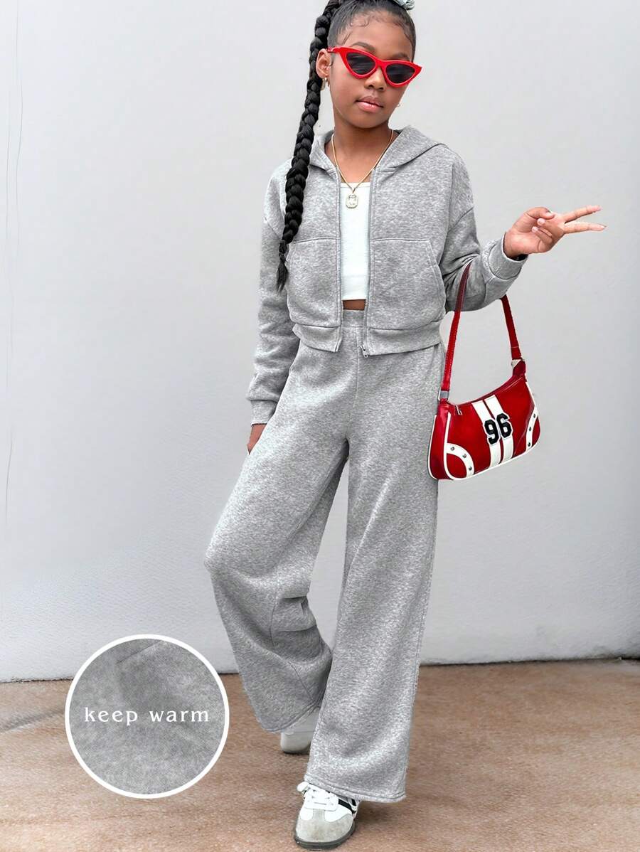SHEIN Conjunto de moletom cinza esportivo casual sólido para meninas pré-adolescentes