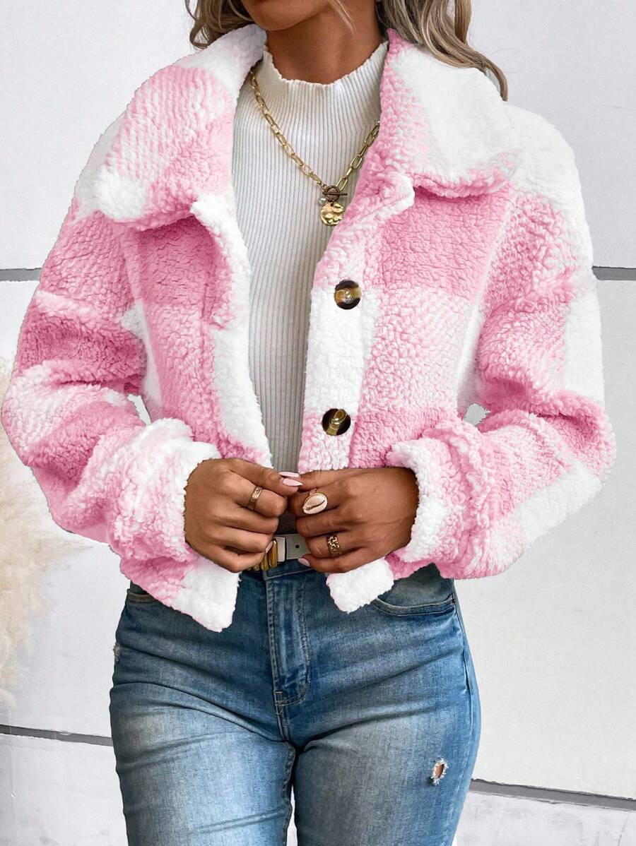 SHEIN LUNE Winter Plus Size Groen Geruit Fleece Jack Winter Dameskleding Valentijnsdag Vakantie Outfit
