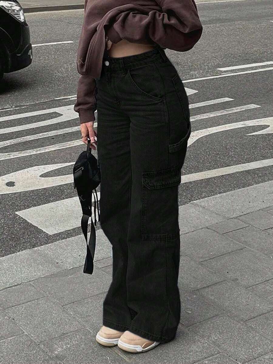 NVFelix Nuevos vaqueros rectos de moda casual de unicolor con bolsillo lateral para mujer (ropa de regreso a la escuela)