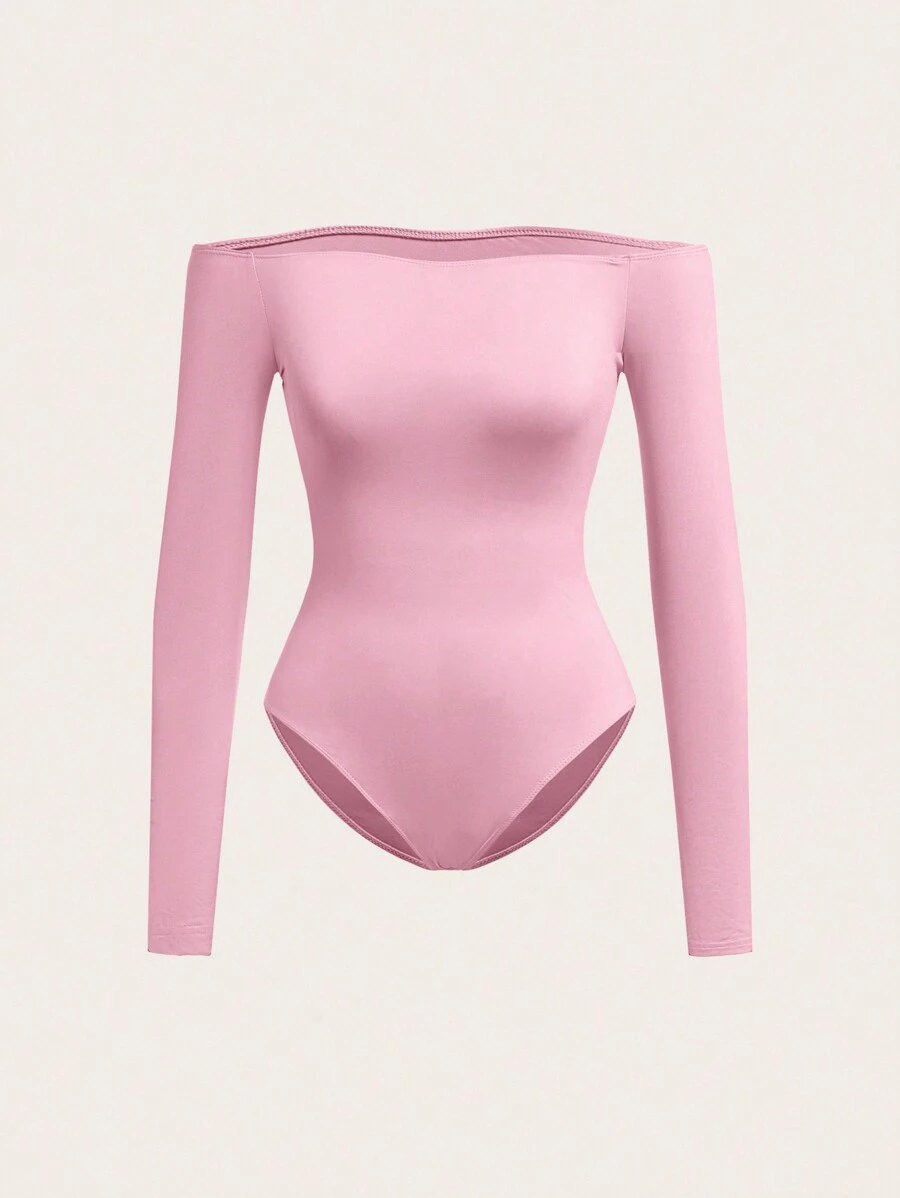 SHEIN BASICS Women Off-Shoulder Solid Color Long Sleeve Slim Fit Bodysuit, Casual For Everyday Wear
