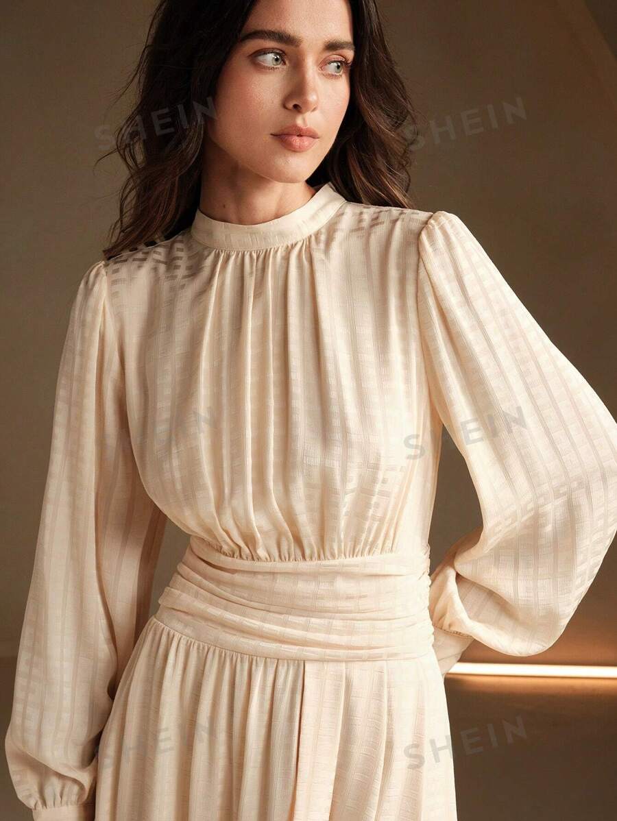 Anewsta Elegante vestido de mujer con mangas largas y cintura recogida en jacquard, atuendo de mujer largo para otoño