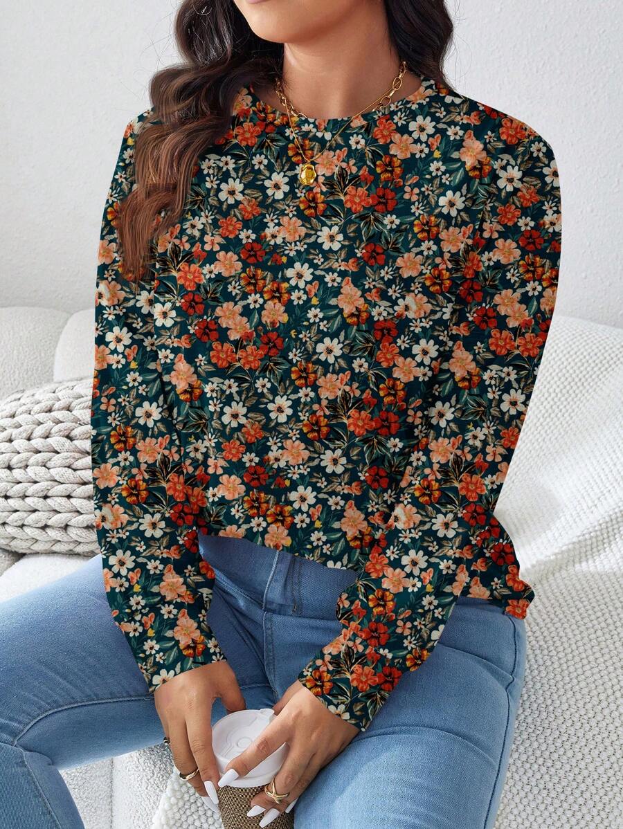 EMERY ROSE Plus Size Women Casual Allover Ditsy Floral Print Baggy Crew Neck Long Sleeve T-Shirt For Autumn & Winter