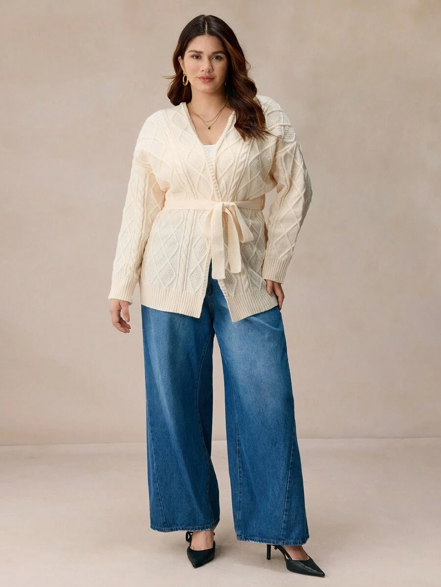Elaquor Plus Size Casual Solid Color Drop Shoulder Loose Cable Knit Argyle Cardigan With Belt