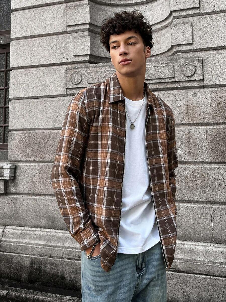 Manfinity RebelGame 1pc Heren Geweven 90s Kraag Shirt Mode Casual Losse Plaid Lange Mouw Ritssluiting Kleur Blok Vintage Urban Shirt, Voor Vrienden, Katoen
