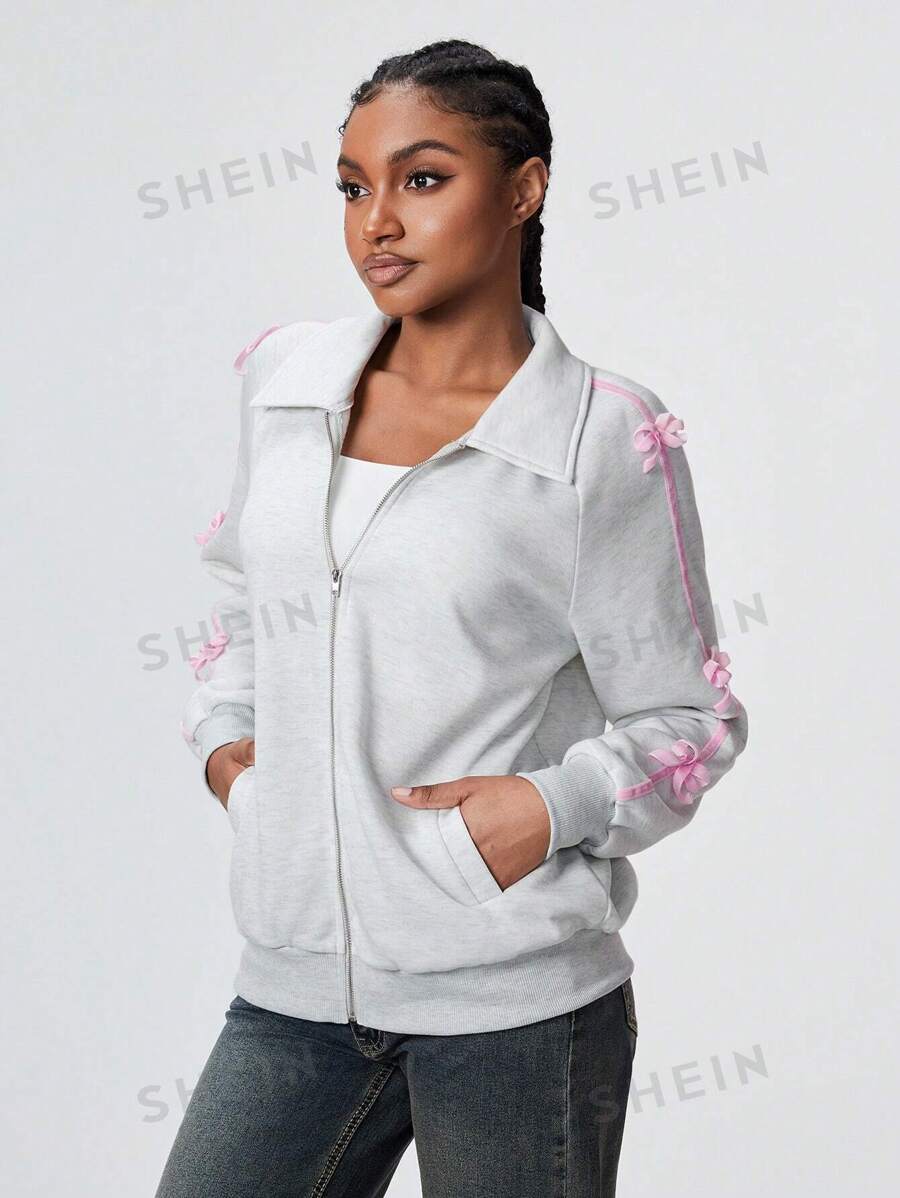Flirla 1 pieza Chaqueta casual de mujer con cremallera, diseño con lazo y colorblock, para otoño/invierno