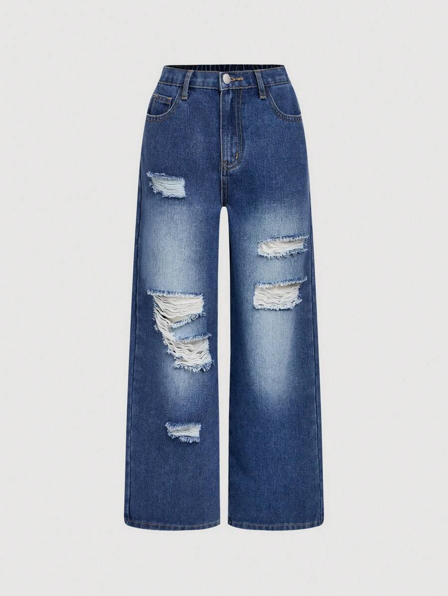 SHEIN Jeans anchos de verano con pierna ancha, lavado vintage, rasgados para niñas preadolescentes Y2K, con bolsillo en sesgo. Conjunto de ropa de primavera y verano para niñas