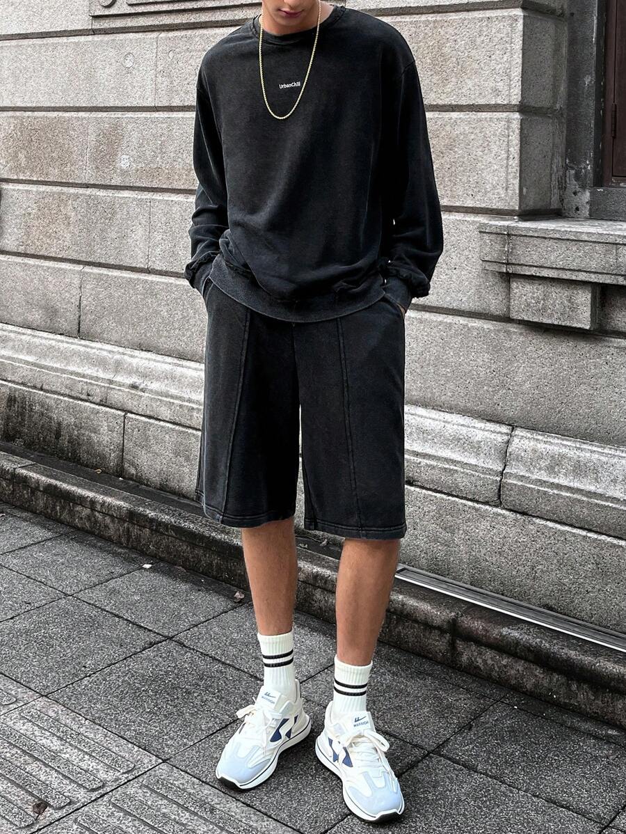 Manfinity VCAY 2pcs Men's Knit Fashion Casual Young Salt & Pepper Loose Fit Long Sleeve Sweatshirt & Elastic Waist Shorts Set