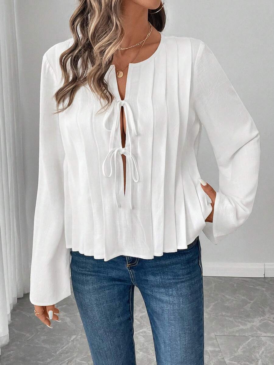 SHEIN LUNE Women's Bow Tie Pleated A-Line Bell Sleeve Casual/Office Blouse, Elegant For Autumn/Winter