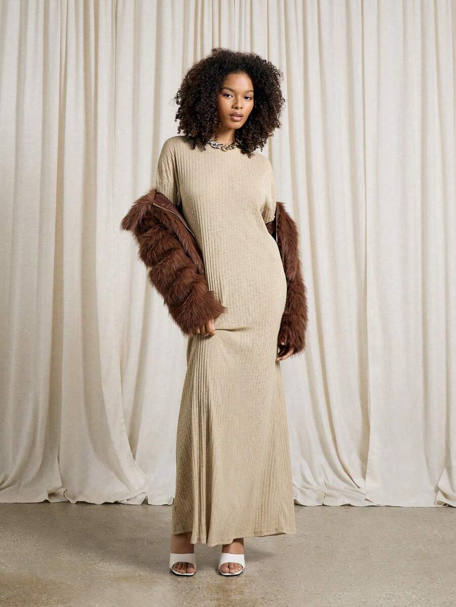 AiiRZ Sheer Light Knit Full Sleeve Drop Shoulder Drape Maxi Dress