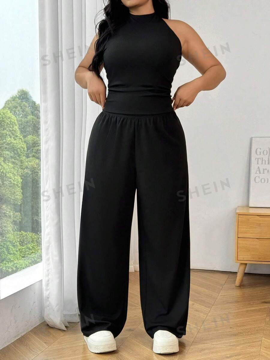 SHEIN EZwear 2 Piezas Conjunto de top halter y pantalones de talla grande para mujer, color negro