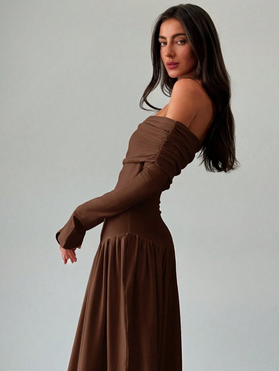 Aloruh New Apricot Off-Shoulder High Waist A-Line Long Sleeve Bodycon Dress, Stretchy & Slimming, Summer Dresses For Women,Tea Party Dress