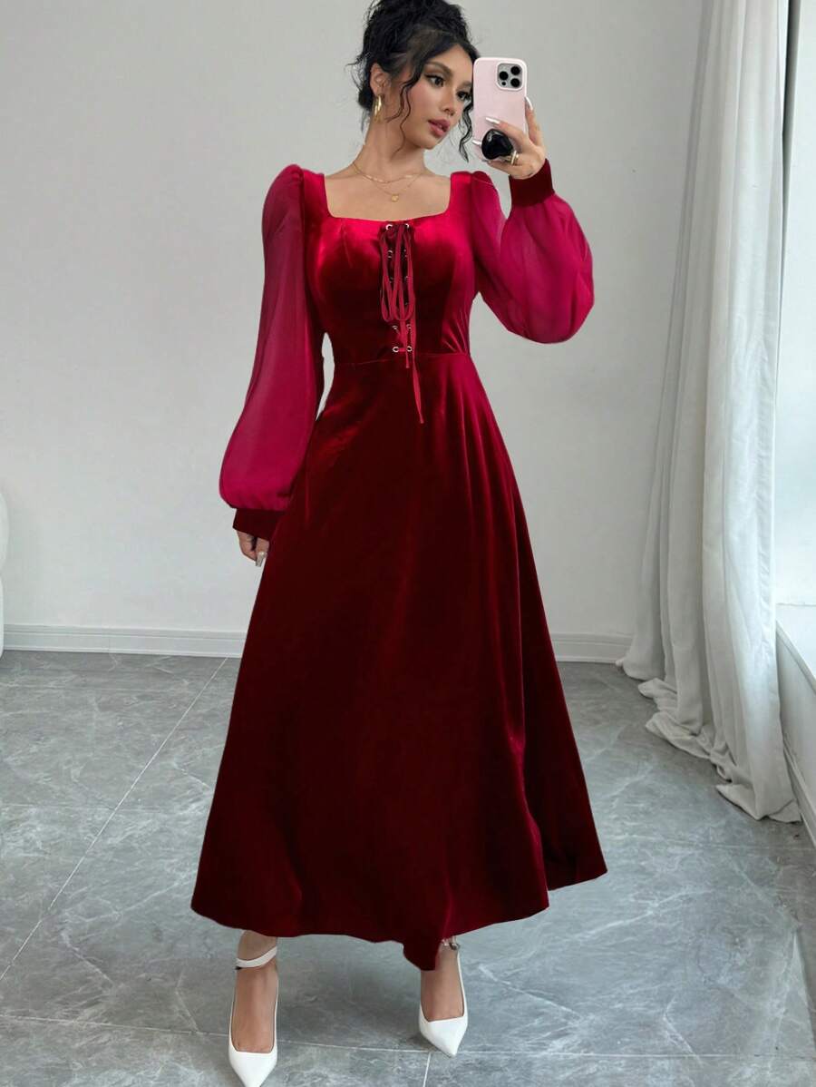 Modelyn Women's Solid Color Front Tie Long Sleeve Simple Long Dress