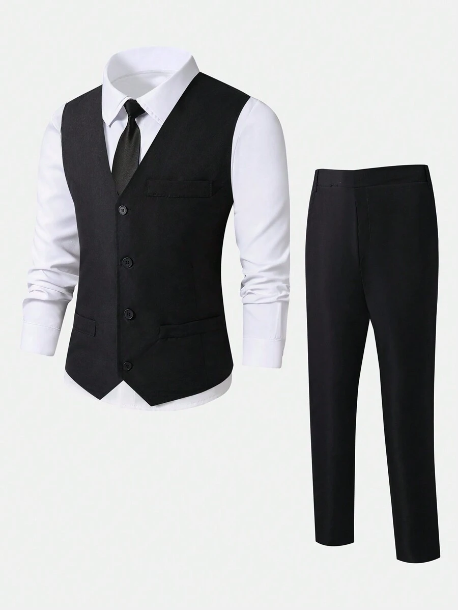 Teenage Boys 3pcs Outfit Set: White Shirt, Vest & Casual Pants, Elegant And Fashionable For Parties, Office, Weddings, Events, Formal Occasions In Autumn & Winter