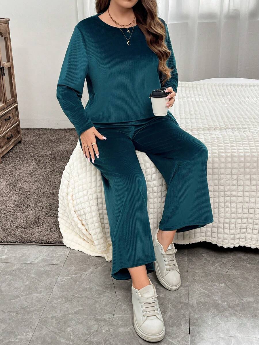 SHEIN LUNE Plus Size Casual Solid Color Ribbed Flannel Drop Shoulder Loose T-Shirt And Wide Leg Pants 2 Pieces Set, Autumn/Winter