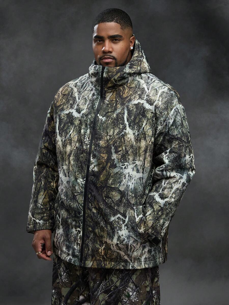 Manfinity VCAY Plus Size Men's Tree Pattern Camo Hooded Padded Coat