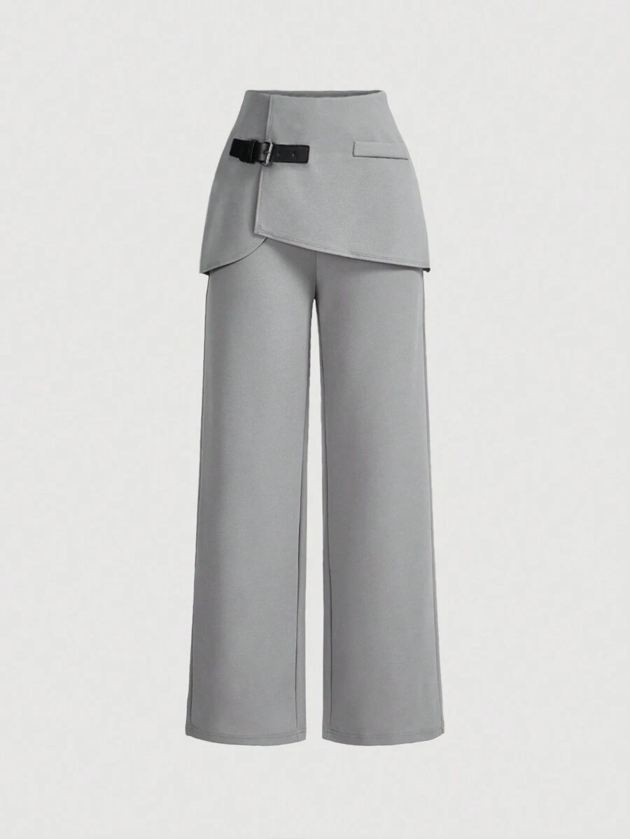 SHEIN MOD Women's 2 In 1 Pants, Leather Buckle Decor, Light Grey Straight-Leg Trousers, Back To School,Light Grey Dress Pants,Fall Pants
