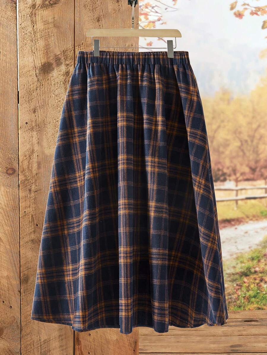 Rusticease Plus Size Women Country Casual Plaid Elastic Waist Flare Skirt,Winter Women Clothes Plaid Skirt Womentartan Skirtlong Skirt Winter