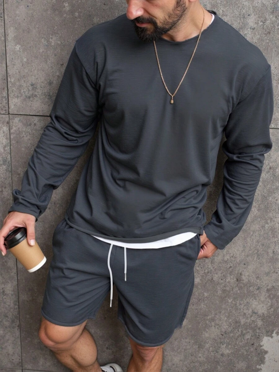 Manfinity Dauomo Conjunto de 2 piezas de sudadera y shorts de unicolor para hombre, para primavera/otoño