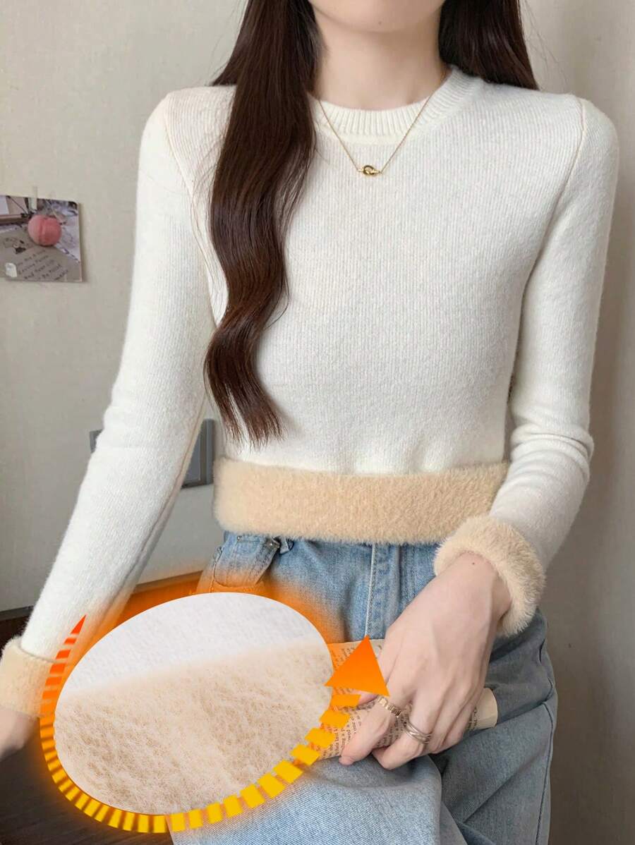 DAZY Women's Solid Color Round Neck Long Sleeve Thermal Lined Thick Sweater, Fall/Winter