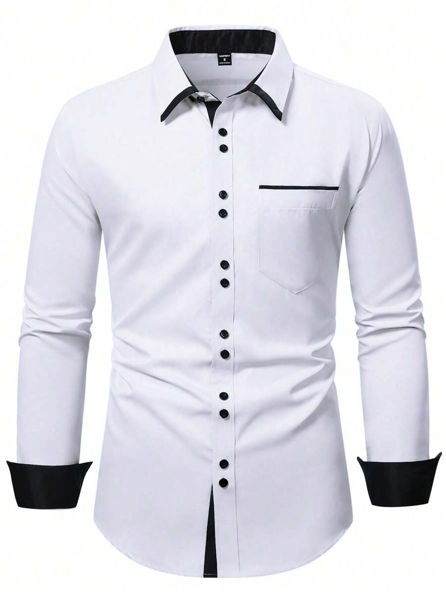 Manfinity Mode Men Contrast Color Patchwork Long Sleeve Casual Commuter Shirt, Autumn