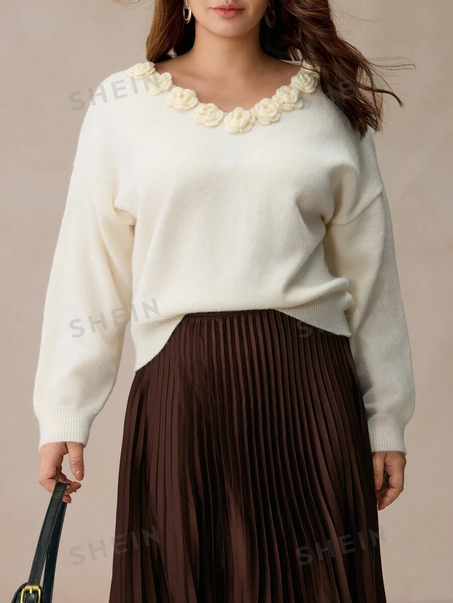 Elaquor Suéter elegante de talla grande con decoración floral 3D y cuello en V, informal para uso diario, otoño/invierno