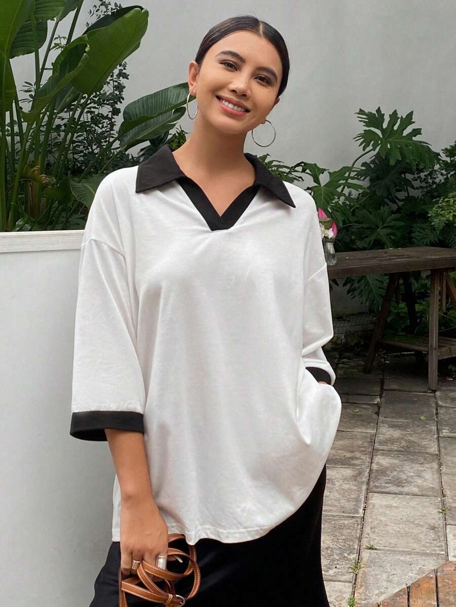 DAZY Women's Casual Loose Contrast Color Drop Shoulder Polo Neck T-Shirt, Summer Oversized T-Shirt