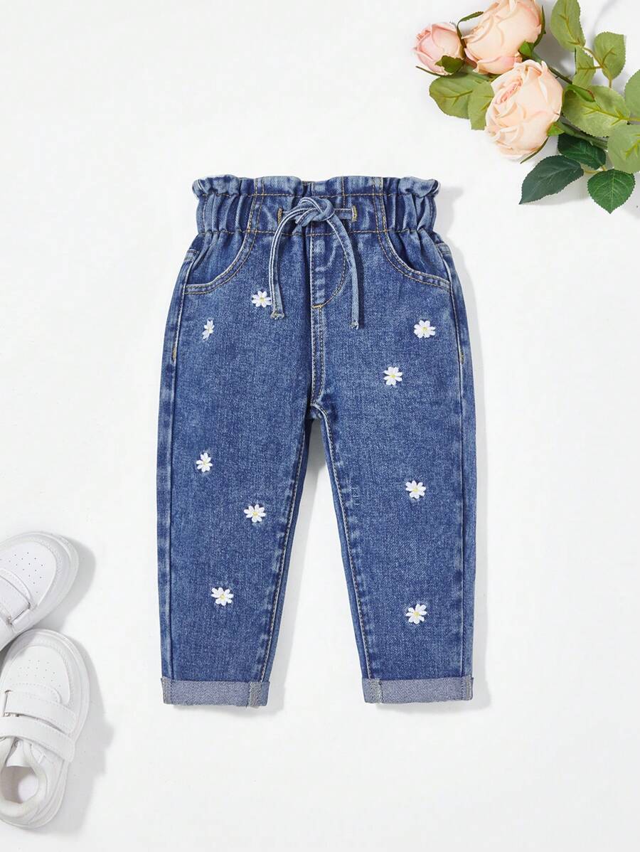 Baby Girl Fried Snowflake + Paper Bag Waist Floral Embroidery Denim Pants,Holiday,Summer,Travel